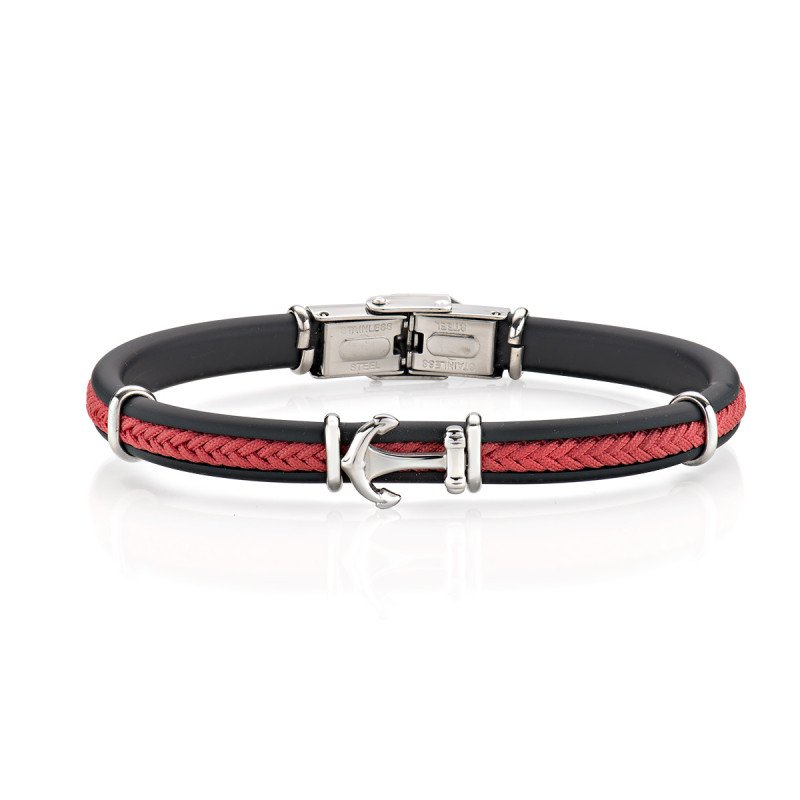 Bracciale in acciaio 316L con caucciù nero e treccia in cotone rosso - acbr16976