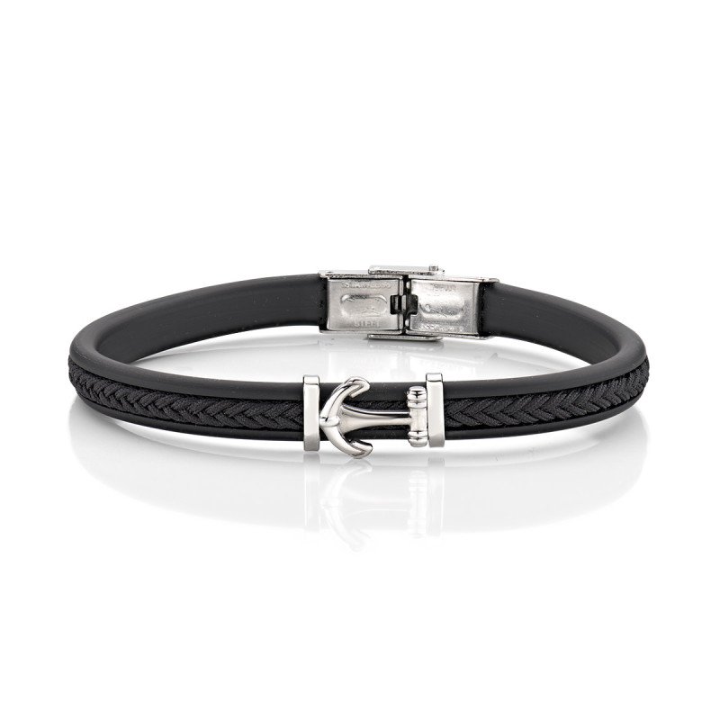 Bracciale in acciaio 316L con caucciù nero e treccia in cotone nero - acbr16989