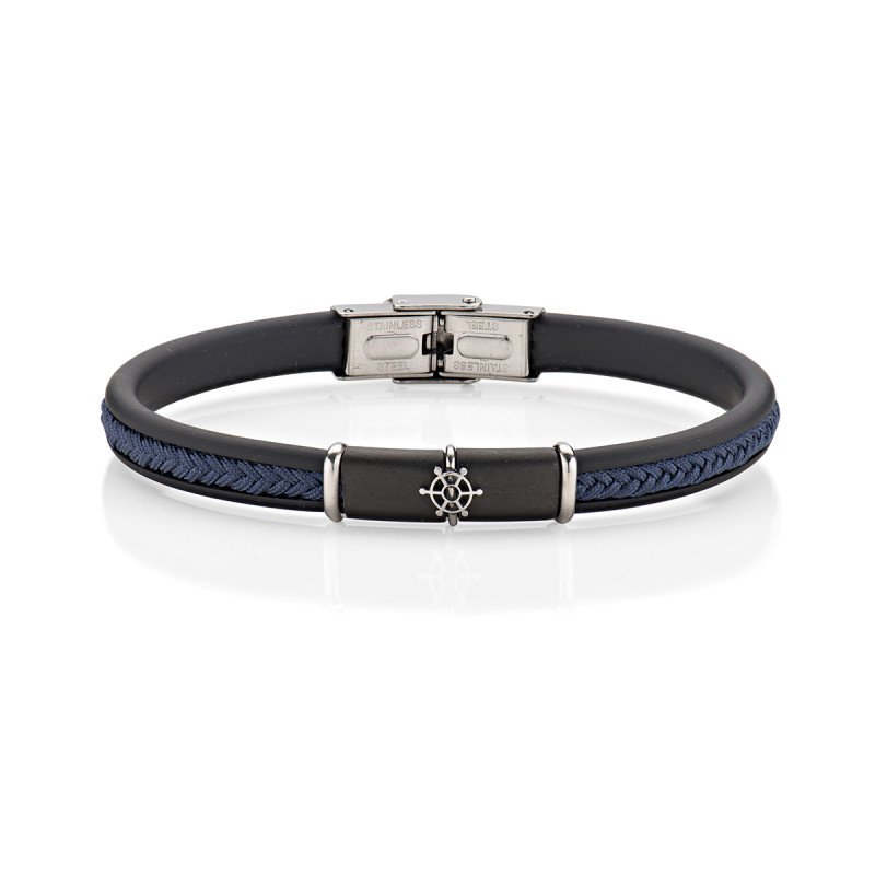 Bracciale in acciaio 316L con caucciù e treccia in cotone blu - acbr17030