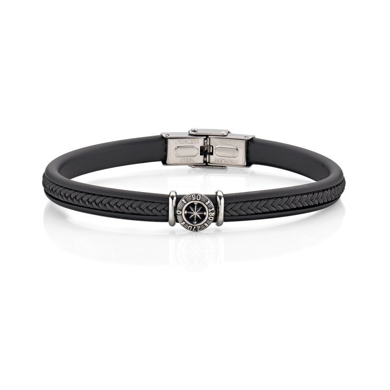 Bracciale in acciaio 316L con caucciù e treccia in cotone nero - acbr17150