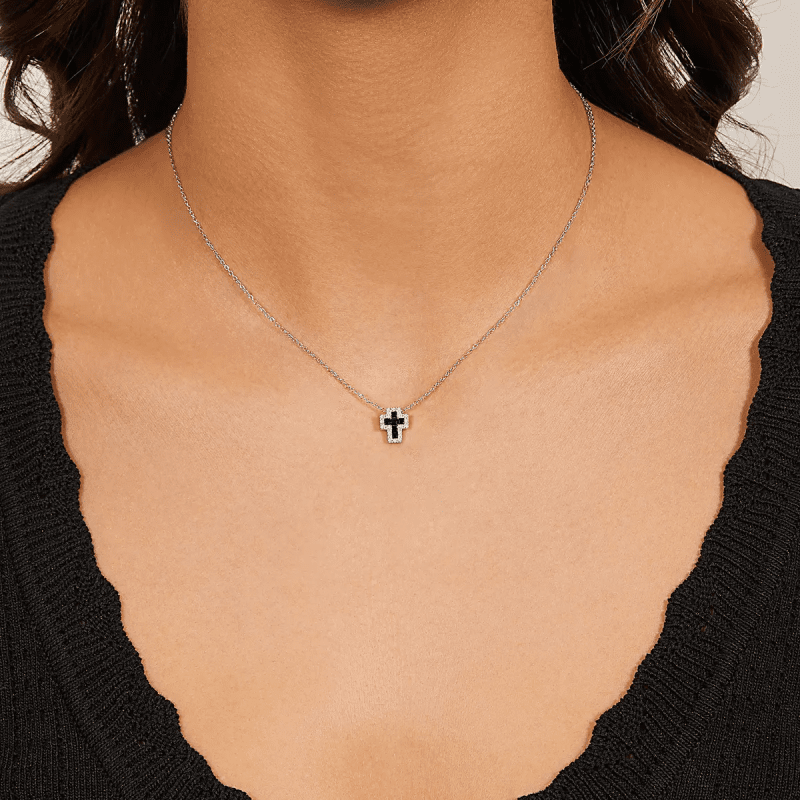 Collana mini Doppia Croce con Zirconi Bianchi e Neri - clcrrebbnz3