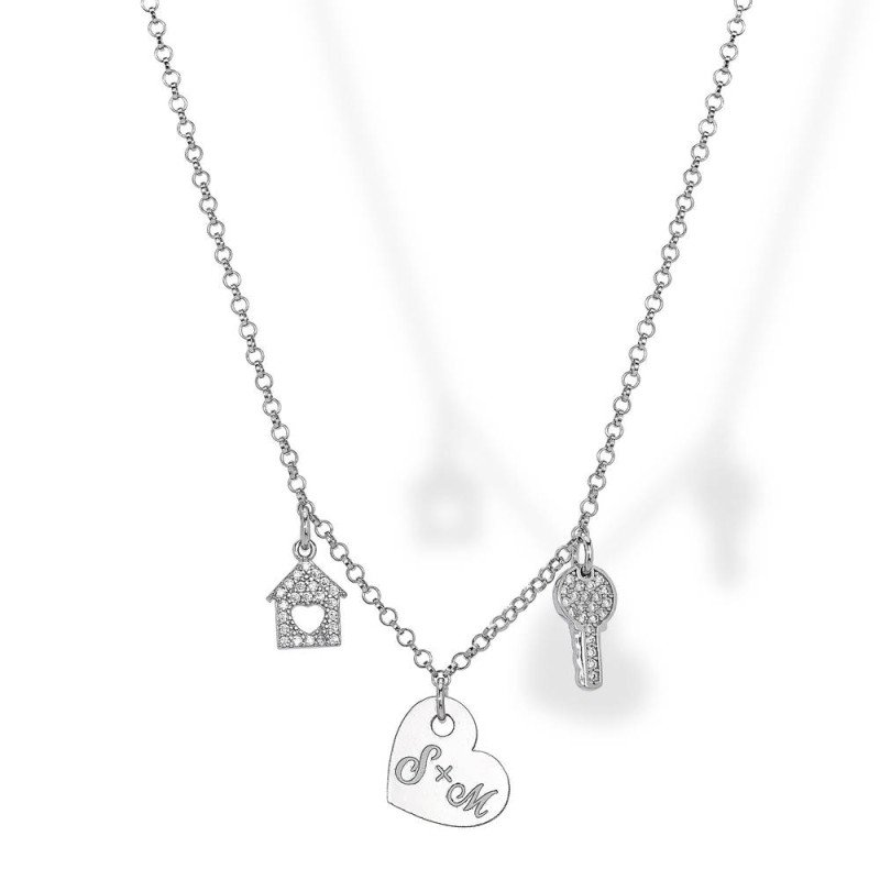 Collana in argento 925 cuore con cuore e lettere + chiave e casa - clfc015 Collana in argento 925 cuore con cuore e lettere + chiave e casa - clfc015