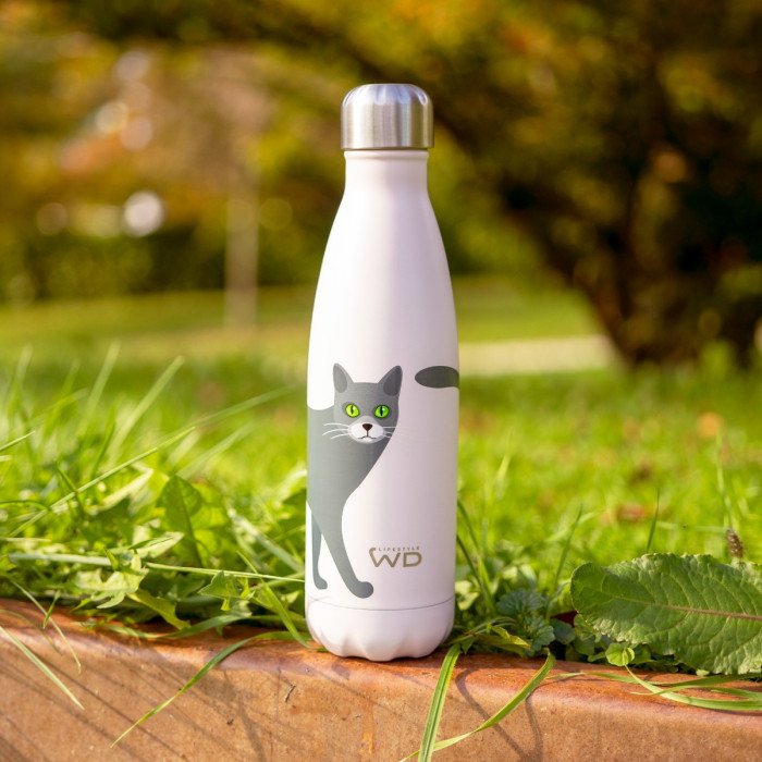Bottiglia termica in acciao inox. Capacità 500 ml. Decoro gatto - wd365gat2