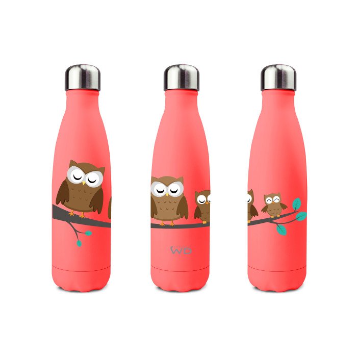 Bottiglia termica in acciao inox. Capacità 500 ml. Decoro gufi. - wd365guf