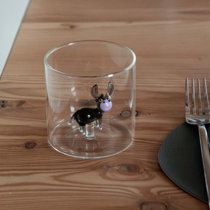 Bicchiere in vetro borosilicato. Capacità 250 ml. Decoro asino. - wd566asi