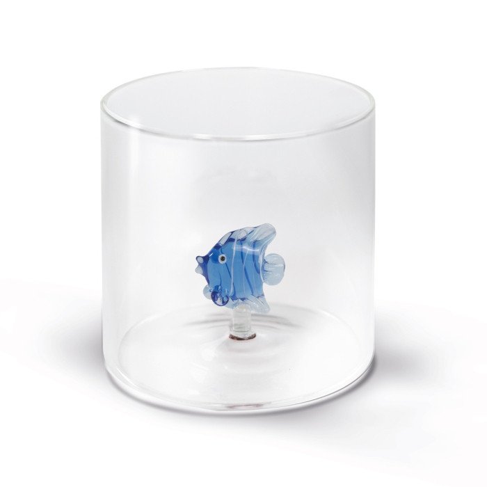 Bicchiere in vetro borosilicato. Capacità 250 ml. Decoro pesce azzurro. - wd566azz