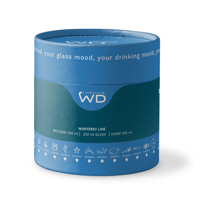 Bicchiere in vetro borosilicato. Capacità 250 ml. Decoro pesce azzurro. - wd566azz