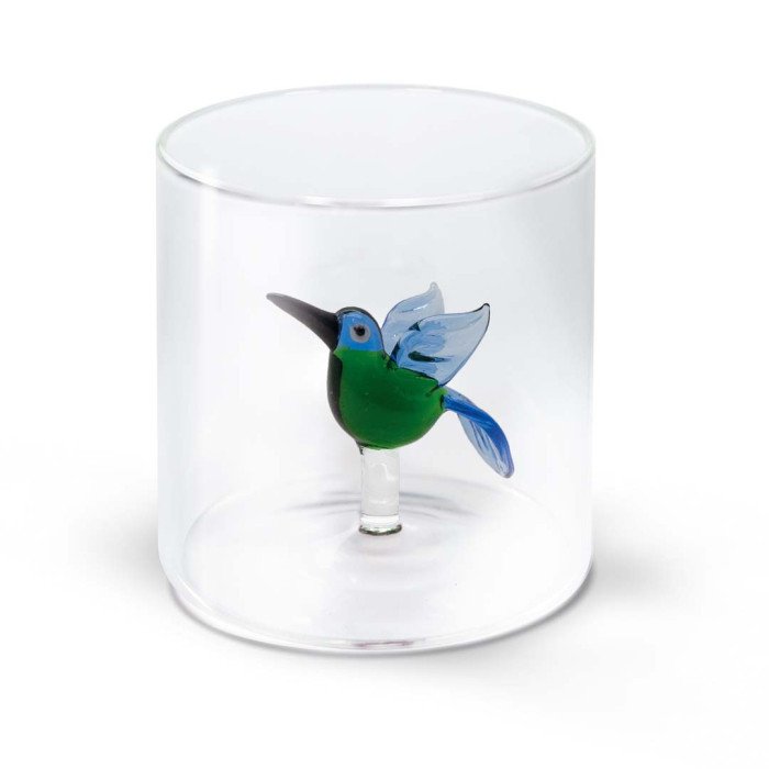 Bicchiere in vetro borosilicato con soggetto in vetro colorato all'interno figura Colibrì - wd566col