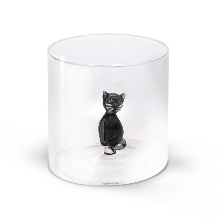 Bicchiere in vetro borosilicato. Capacità 250 ml. Decoro Gatto. - wd566gat