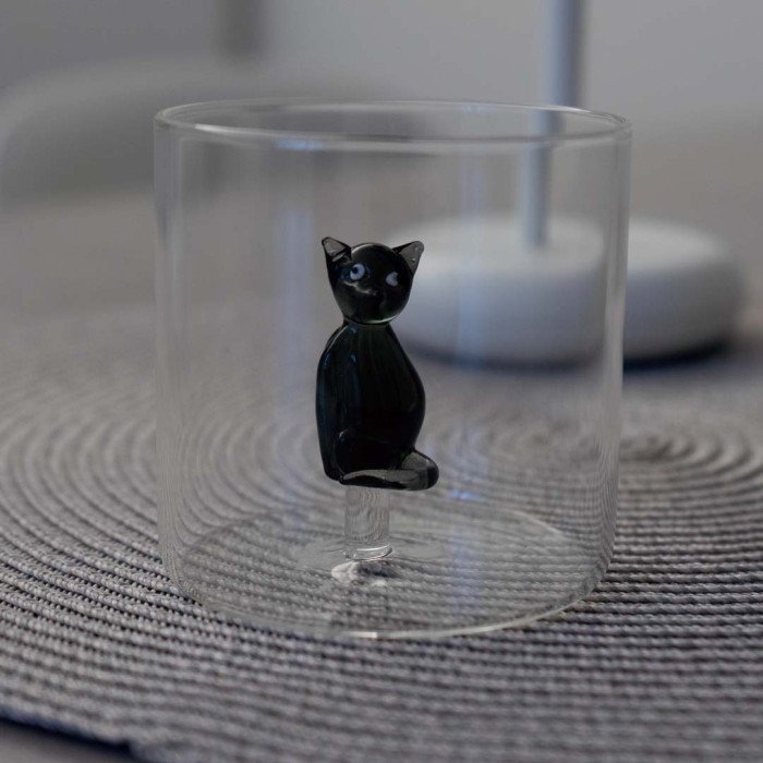 Bicchiere in vetro borosilicato. Capacità 250 ml. Decoro Gatto. - wd566gat