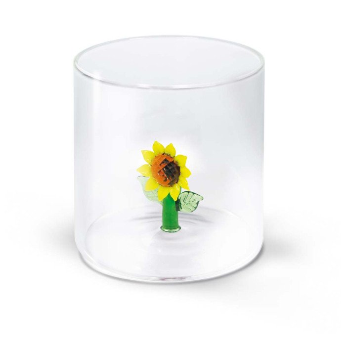 Bicchiere in vetro borosilicato. Capacità 250 ml. Decoro girasole. - wd566gir