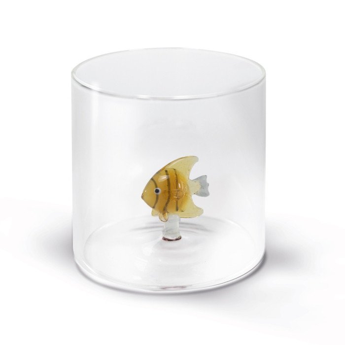 Bicchiere in vetro borosilicato. Capacità 250 ml. Decoro pesce tropicale oro. - wd566oro