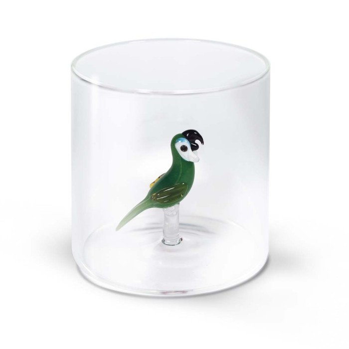 Bicchiere in vetro borosilicato. Capacità  250 ml. Decoro pappagallo. - wd566pap