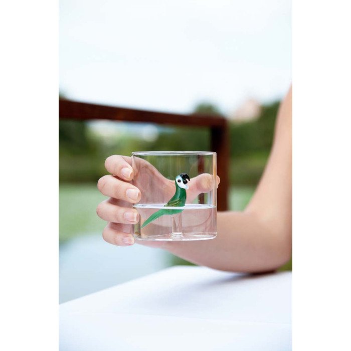 Bicchiere in vetro borosilicato. Capacità  250 ml. Decoro pappagallo. - wd566pap