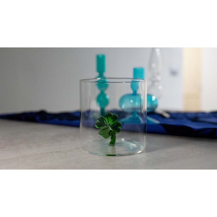 Bicchiere in vetro borosilicato. Capacità 250 ml. Decoro Quadrifoglio. - wd566qua
