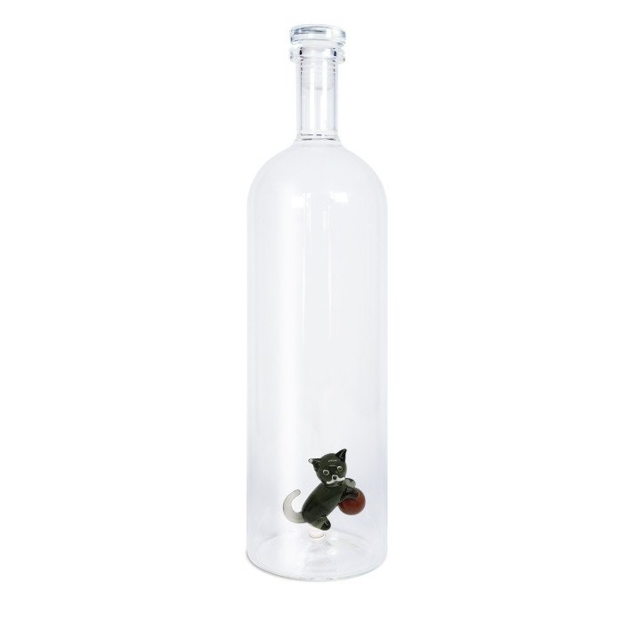 Bottiglia in vetro borosilicato con tappo.Capacità 1,2 L. Decoro gatto. - wd585gat