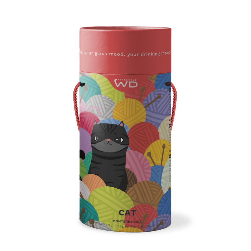 Bottiglia in vetro borosilicato con tappo.Capacità 1,2 L. Decoro gatto. - wd585gat