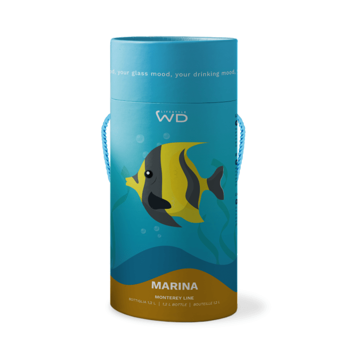 Bottiglia in vetro borosilicato con tappo.Capacità 1,2 L. Decoro Pesce tropicale oro. - wd585oro