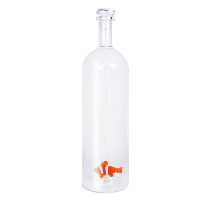 Bottiglia in vetro borosilicato con tappo.Capacità 1,2 L. Decoro pesce pagliaccio. - wd585pag