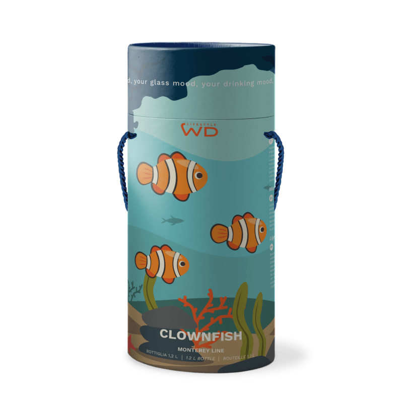 Bottiglia in vetro borosilicato con tappo.Capacità 1,2 L. Decoro pesce pagliaccio. - wd585pag