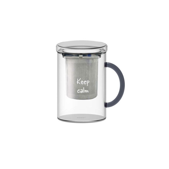 Tisaniera in vetro borosilicato con filtro in acciaio inox. Capacità 420 ml. Manico verde petrolio e scritta Keep Calm. - wd599v