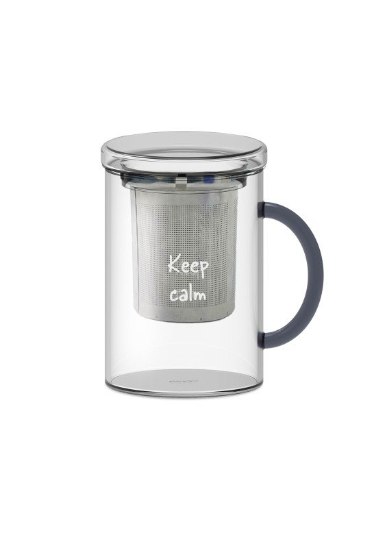 Tisaniera in vetro borosilicato con filtro in acciaio inox. Capacità 420 ml. Manico verde petrolio e scritta Keep Calm. - wd599v