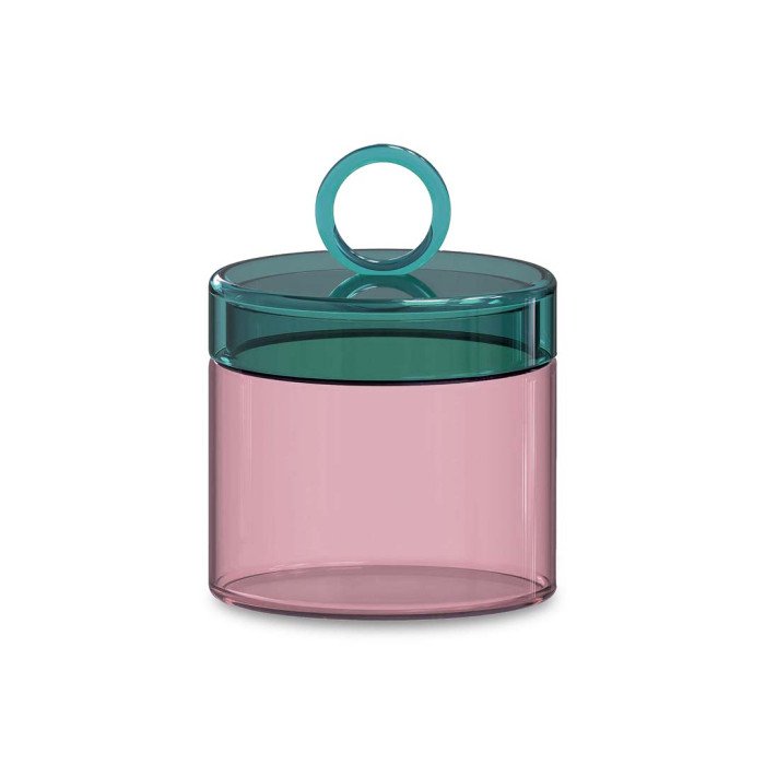 Barattolo in vetro borosilicato con manico colorato ad anello. Capacità 1,9 L. Colore rosa e verde petrolio. - wd646ro