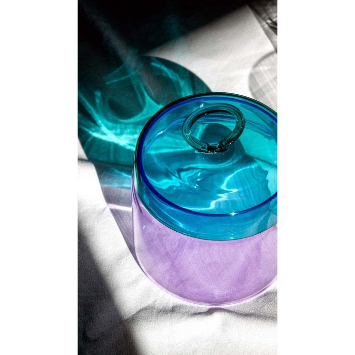 Barattolo in vetro borosilicato con manico colorato ad anello. Capacità 1,9 L. Colore rosa e verde petrolio. - wd646ro