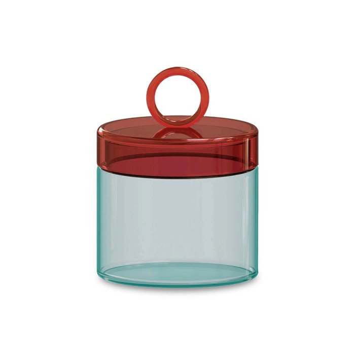 Barattolo in vetro borosilicato con manico colorato ad anello. Capacità 1 L. Colore azzurro e rosso. - wd647az