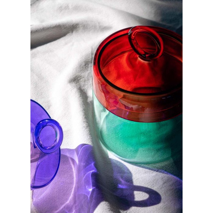 Barattolo in vetro borosilicato con manico colorato ad anello. Capacità 1 L. Colore azzurro e rosso. - wd647az
