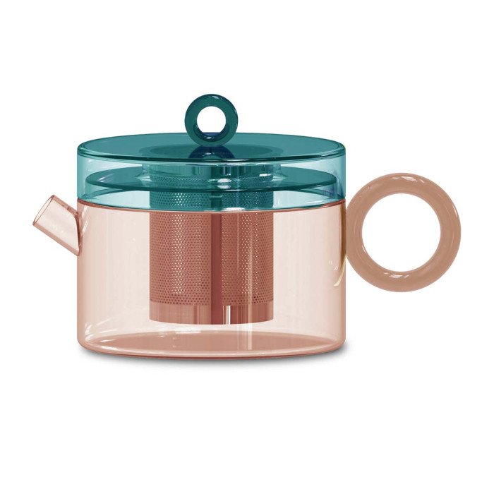 Teiera in vetro borosilicato con manico  Colore  pesca e verde petrolio. - wd649pe