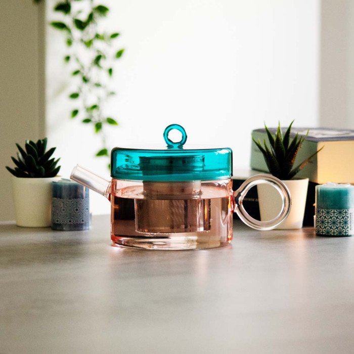 Teiera in vetro borosilicato con manico  Colore  pesca e verde petrolio. - wd649pe