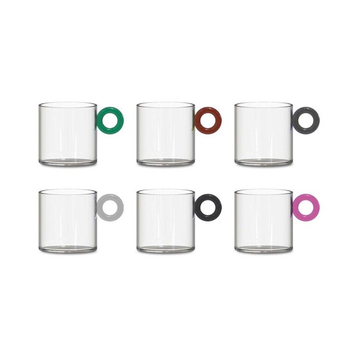 Set 6 tazze da caffè in vetro borosilicato con manico colorato ad anello. Capacità 100 ml. Manico colorato. - wd651