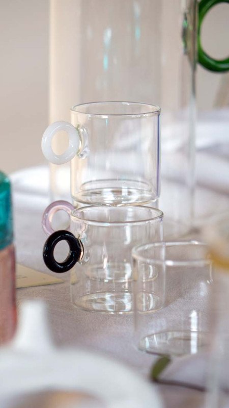 Set 6 tazze da caffè in vetro borosilicato con manico colorato ad anello. Capacità 100 ml. Manico colorato. - wd651