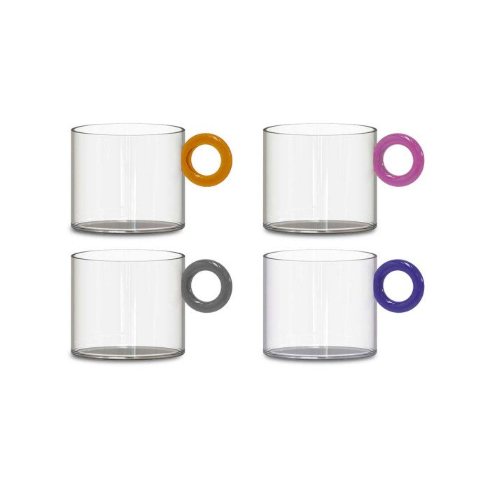 Set 4 tazze in vetro borosilicato con manico ad anello. Capacità 300 ml. - wd653