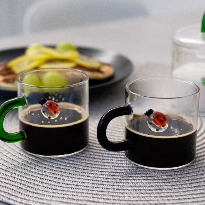 Set 2 tazzine da caffè in vetro borosilicato. Decoro Coccinella. - wd717coc