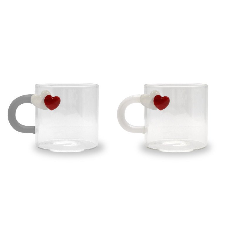 Set 2 tazzine da caffè in vetro borosilicato. Capacità 130 ml. Decoro Cuori. - wd717cuo