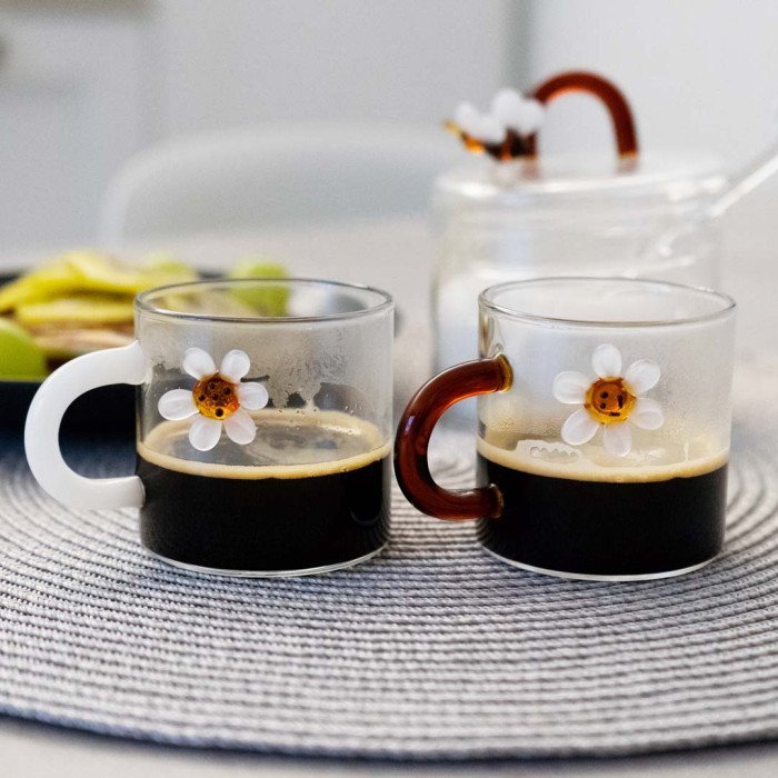Set 2 tazzine da caffè in vetro borosilicato. Decoro Mergherita. - wd717mar