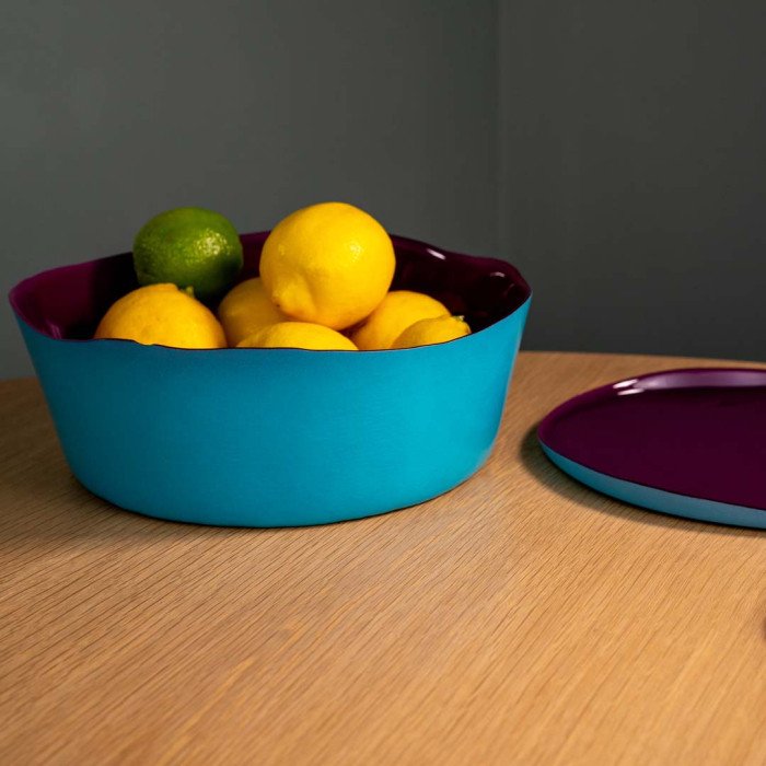 Insalatiera in vetro. Diametro 25 cm. Colore Borgogna e Azzurro. - wd739bo
