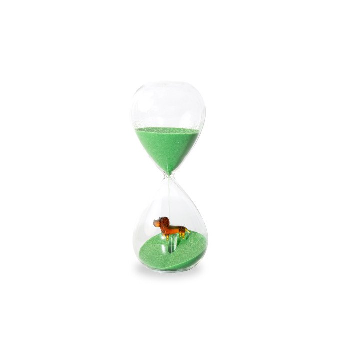 Clessidra in vetro borosilicato con soggetto interno in vetro. Durata 15 min. Decoro bassotto - wd875bas