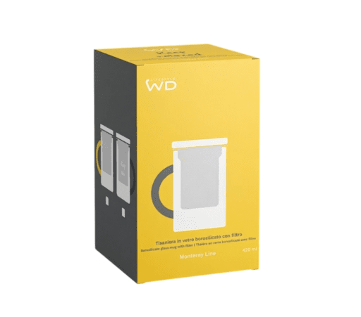 Tisaniera in vetro borosilicato con filtro in acciaio e manico  giallo. - wdf599gi