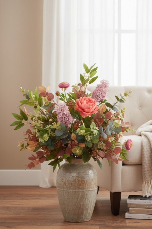 Bouquet di Foglie e Fiori Bianco-Verde – H 39 cm - zff261114a